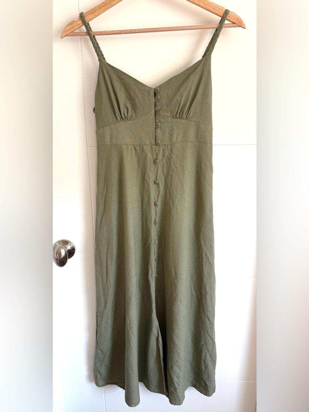 Monteau Olive Green Linen Blend Button-Front Midi Dress